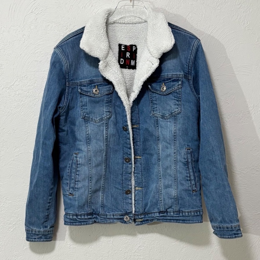 Espiri Denim Jacket Women XL Sherpa Lined Faux Fur Trucker Coat Cozy Y2K 90's